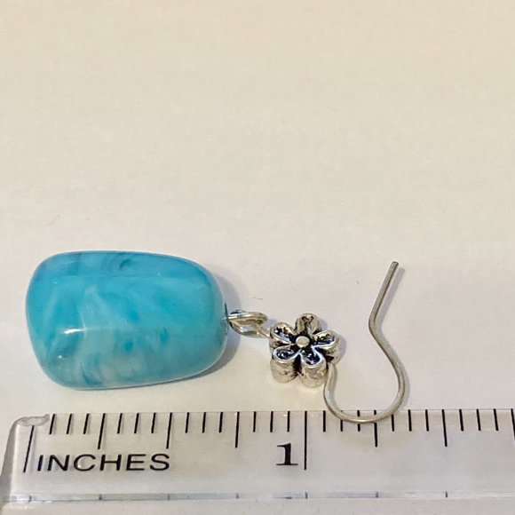 Aqua Turquoise Art Bead Earrings Acrylic Swirl Silver Plated Flowers Boho - Picture 11 of 11